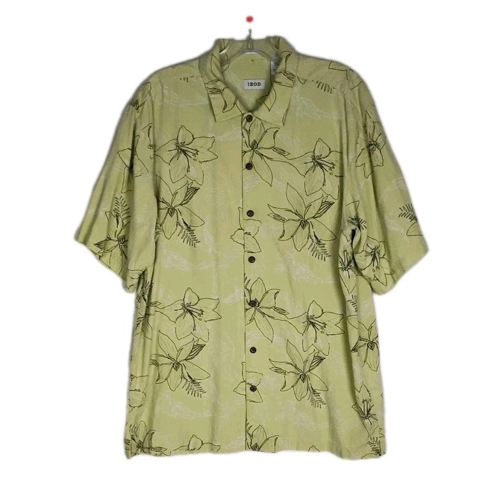 Izod Golf‎ Hawaiian Washable Silk Shirt Light Green Floral  Men's Size L
